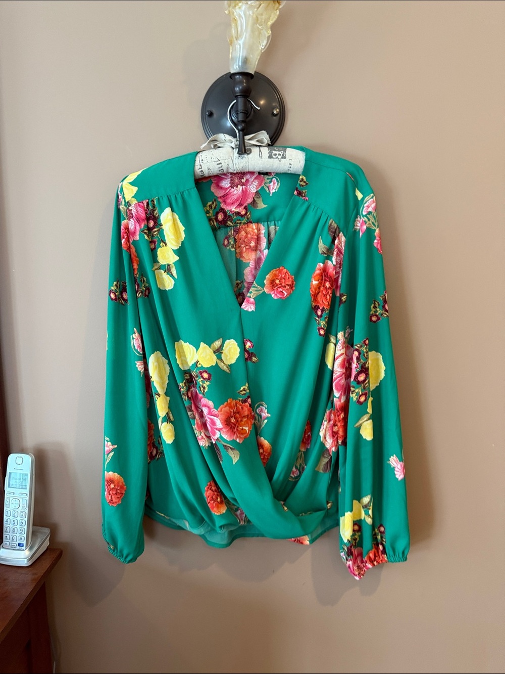 Floral Surplice Blouse in Teal with Pink & Yellow Flowers